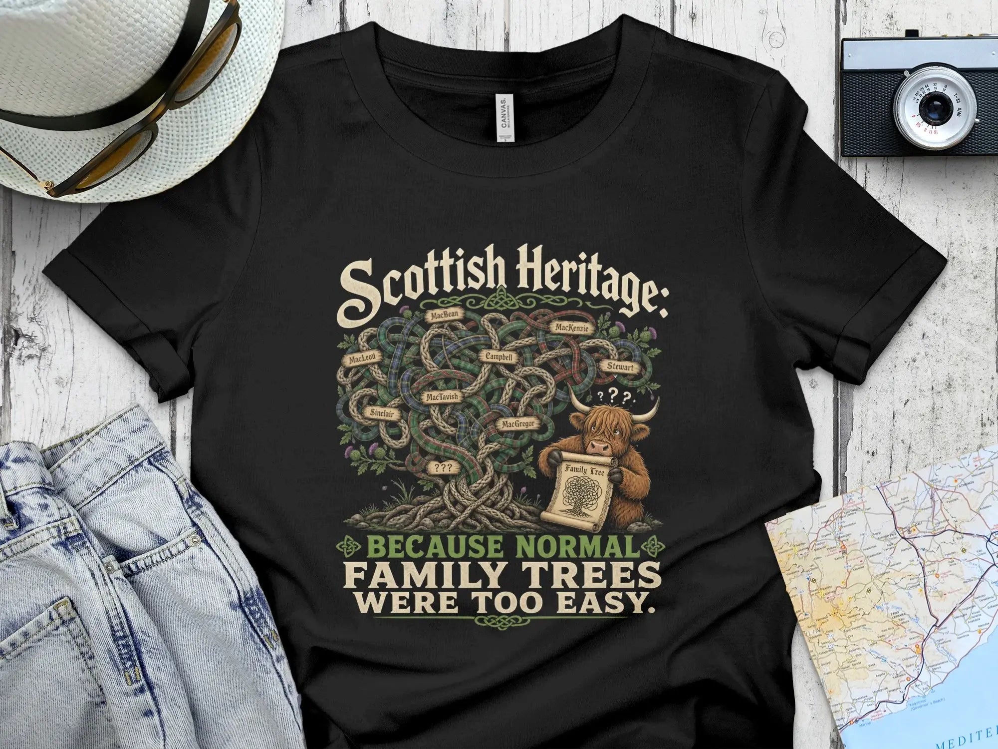 Scottish Heritage family tree with Highland cow and text "Because normal family trees were too easy."
