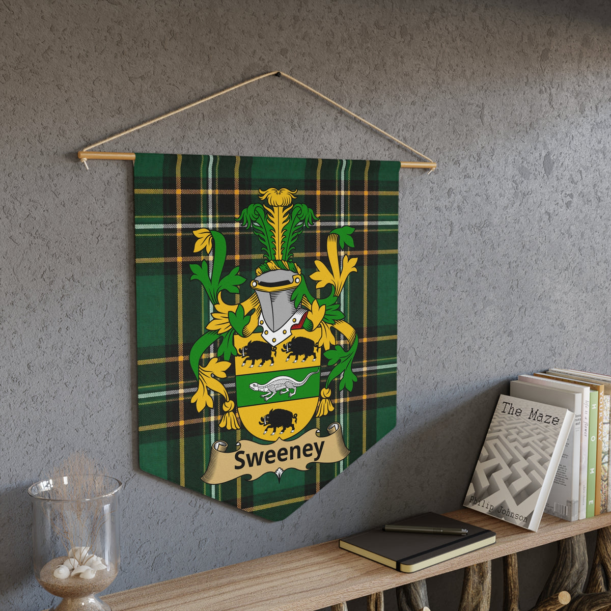 Green tartan pennant with Sweeney coat of arms and family name.