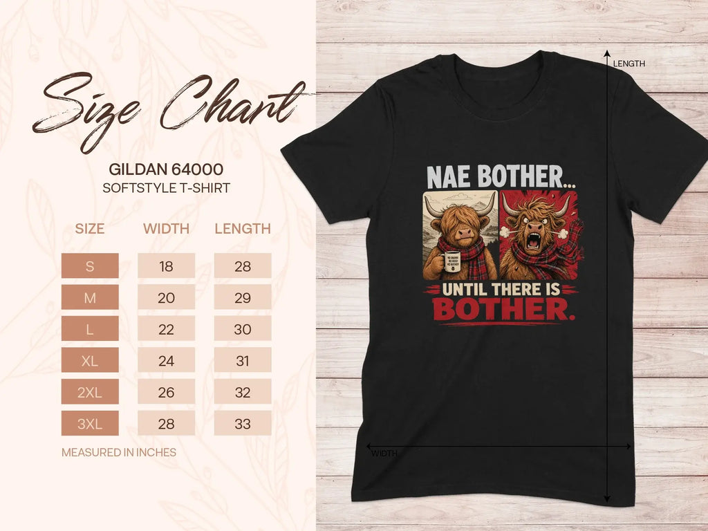 Gildan Softstyle T-shirt size chart with graphic of Highland cows.