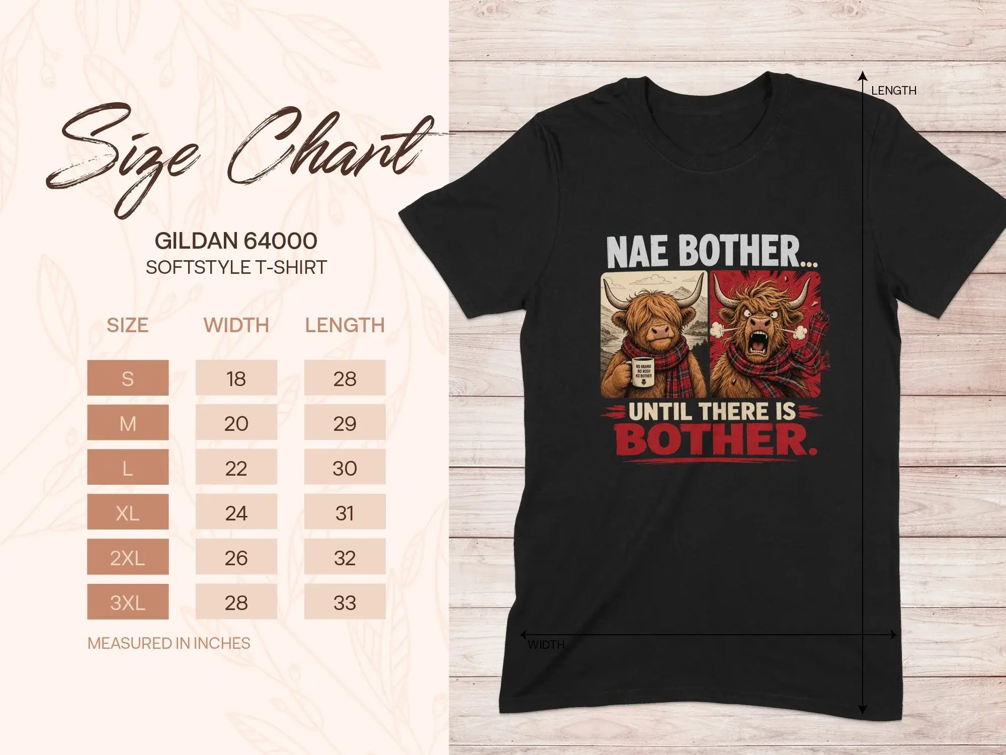 Gildan Softstyle T-shirt size chart with graphic of Highland cows.