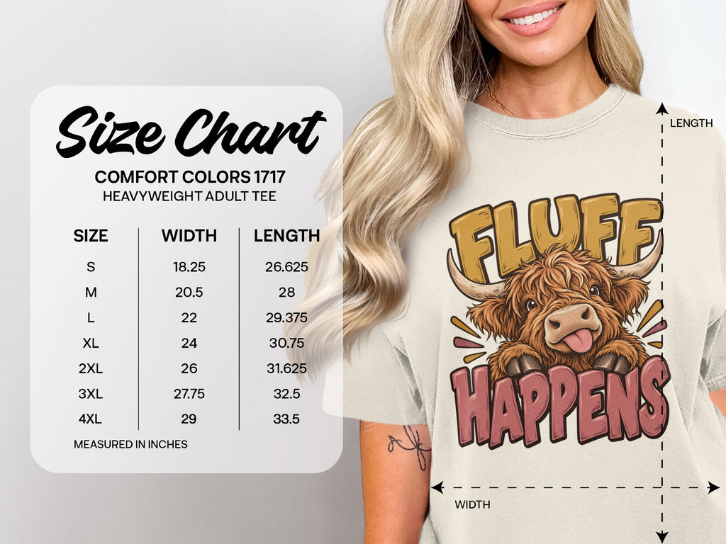 Comfort Colors 1717 size chart, S–4XL, for the Fluff Happens Highland cow T-shirt