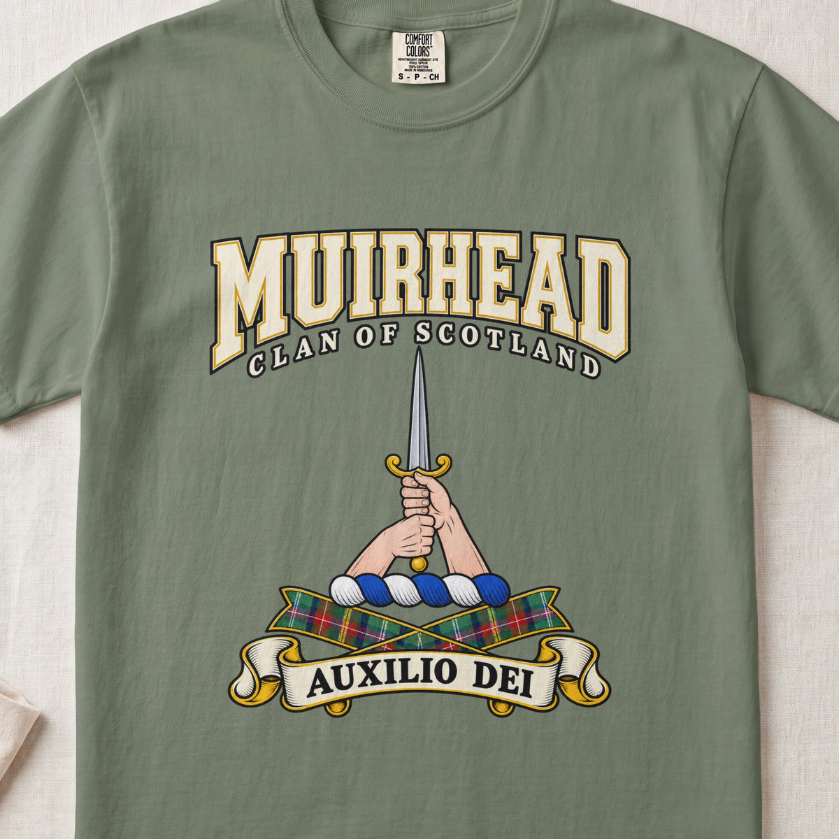 Muirhead Scottish clan graphic T-shirt in Moss, front view