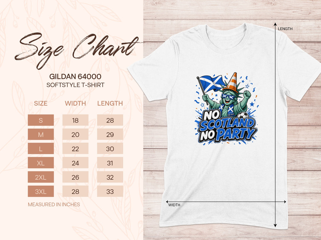 Gildan 64000 softstyle t-shirt size chart with dimensions in inches.
