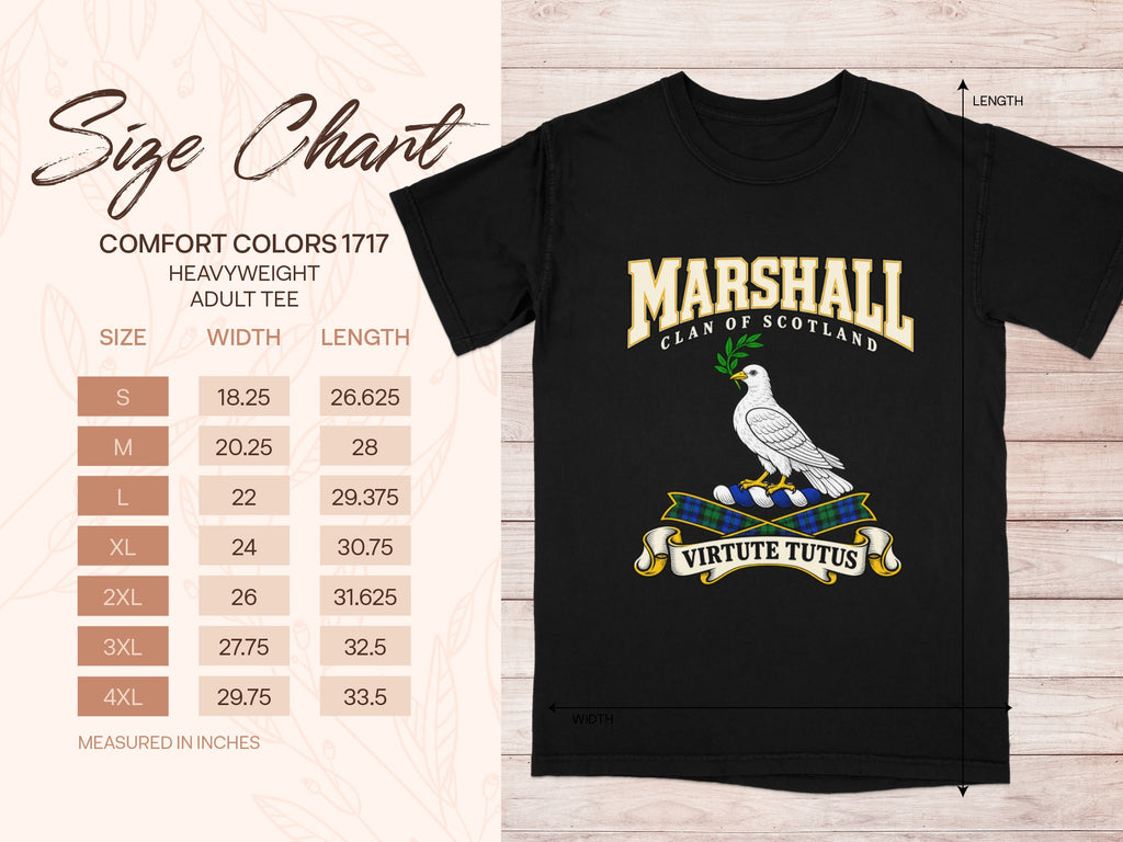 Comfort Colors 1717 size chart in inches with a black Marshall clan crest T-shirt preview