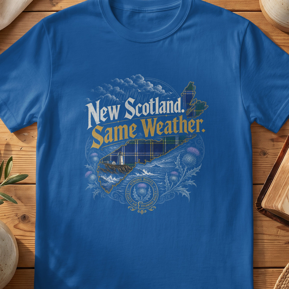 Blue t-shirt with "New Scotland. Same Weather." text, map, lighthouse, and thistles.