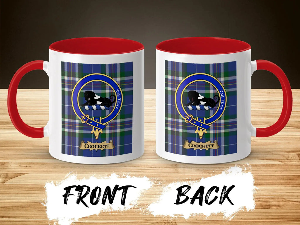Crockett tartan-background crest mug shown as a Scottish heritage gift