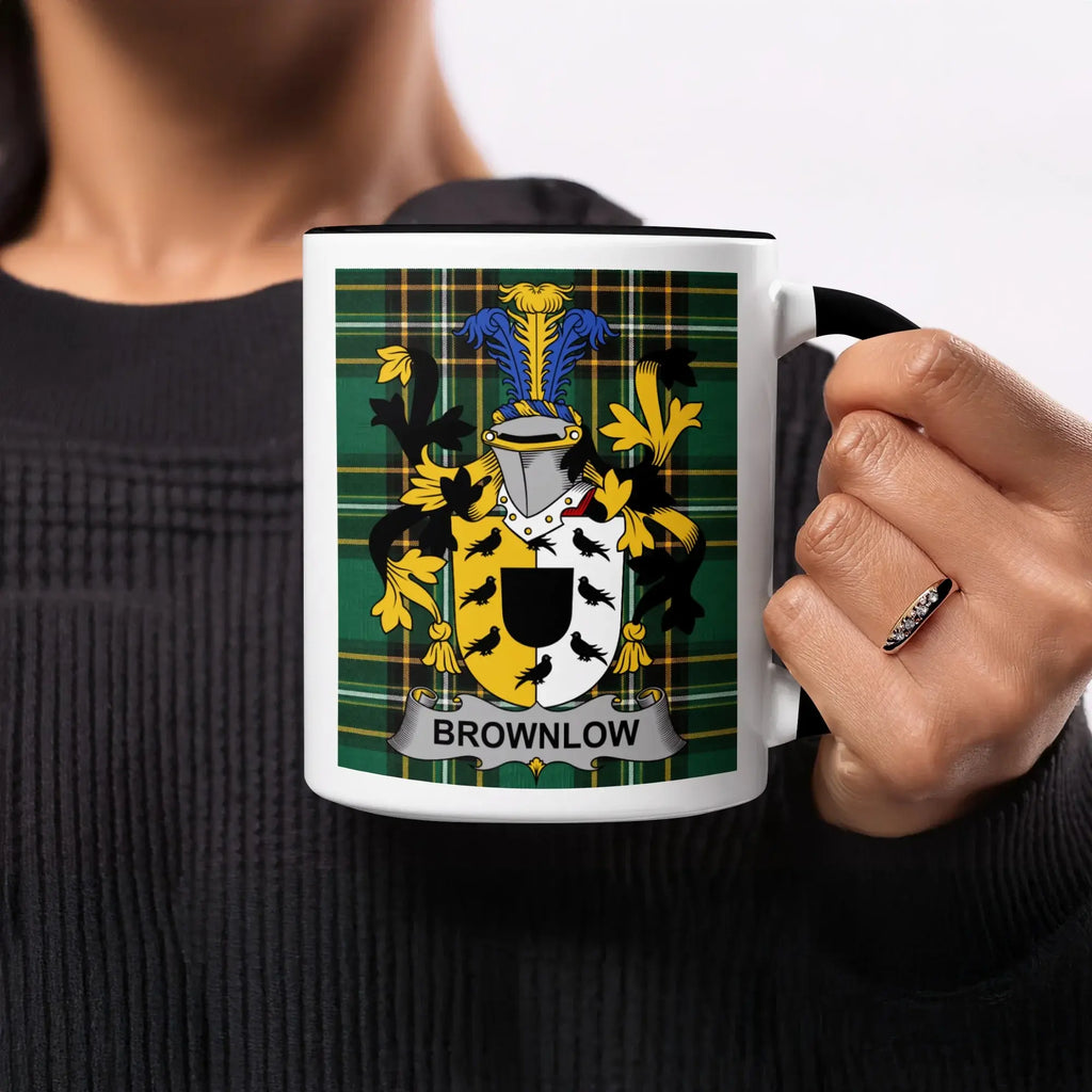 Mug with BROWNLOW crest and Scottish tartan pattern.