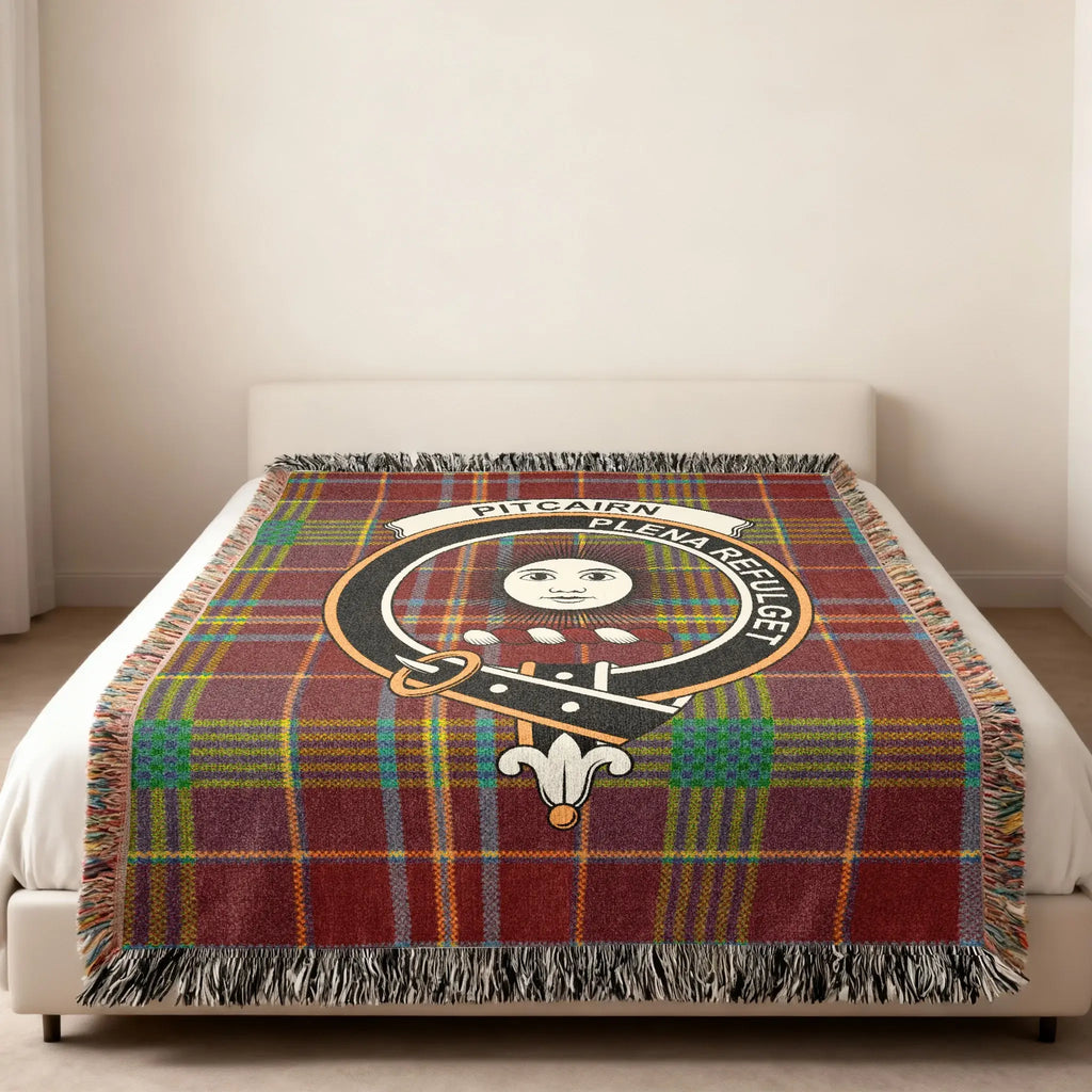 Clan Pitcairn crest tartan woven blanket — bedding and home display, woven in not printed