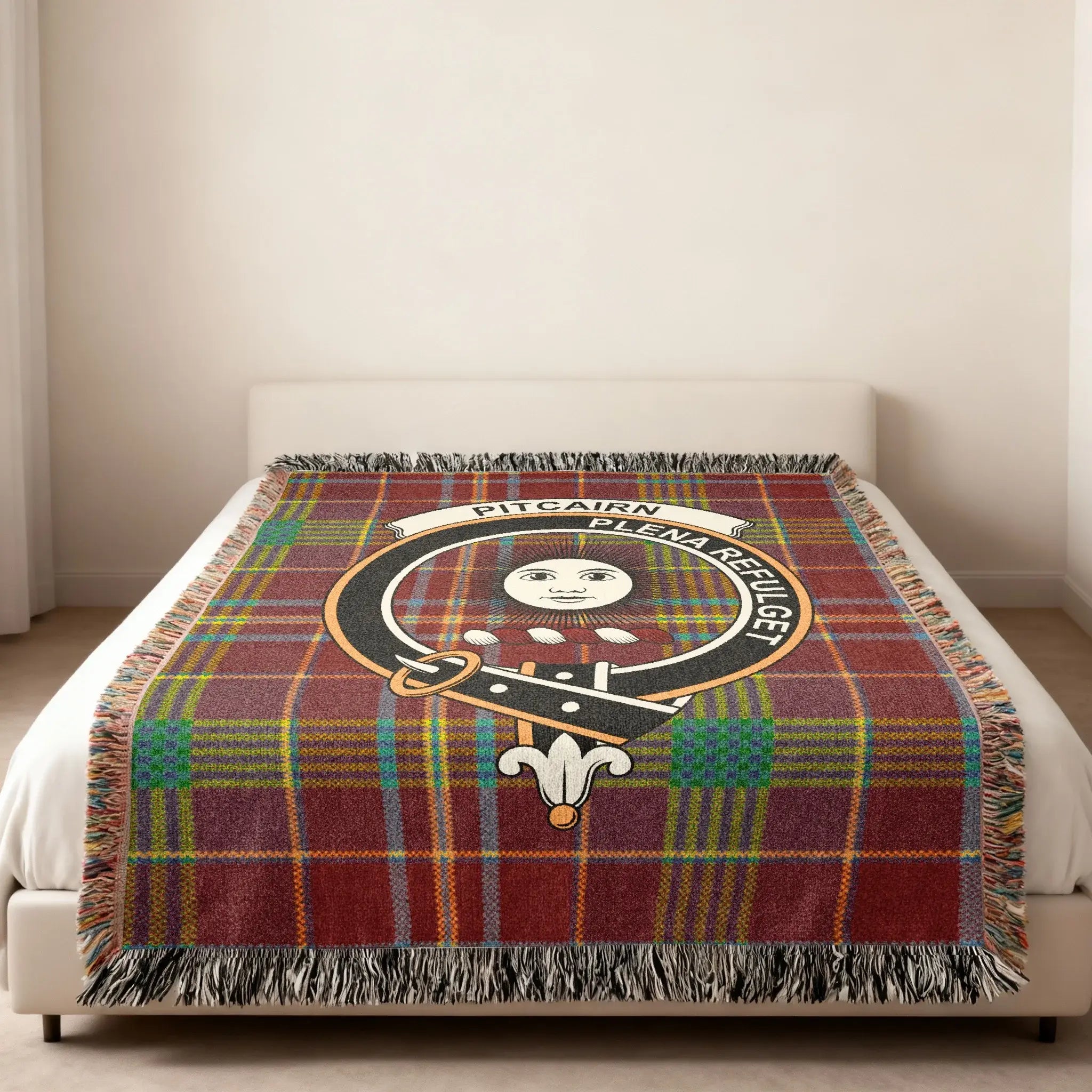 Clan Pitcairn crest tartan woven blanket — bedding and home display, woven in not printed