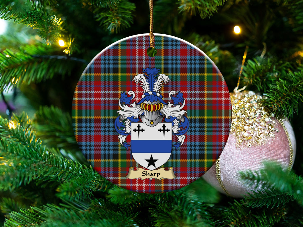 Sharp Scottish clan ceramic ornament with family crest on a Caledonia tartan background, hanging on a Christmas tree