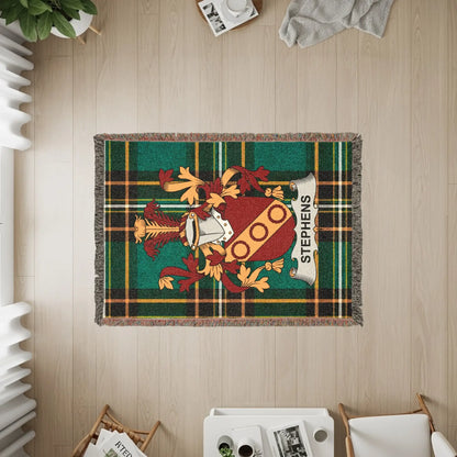 Tapestry with green plaid and a coat of arms for the surname Stephens.