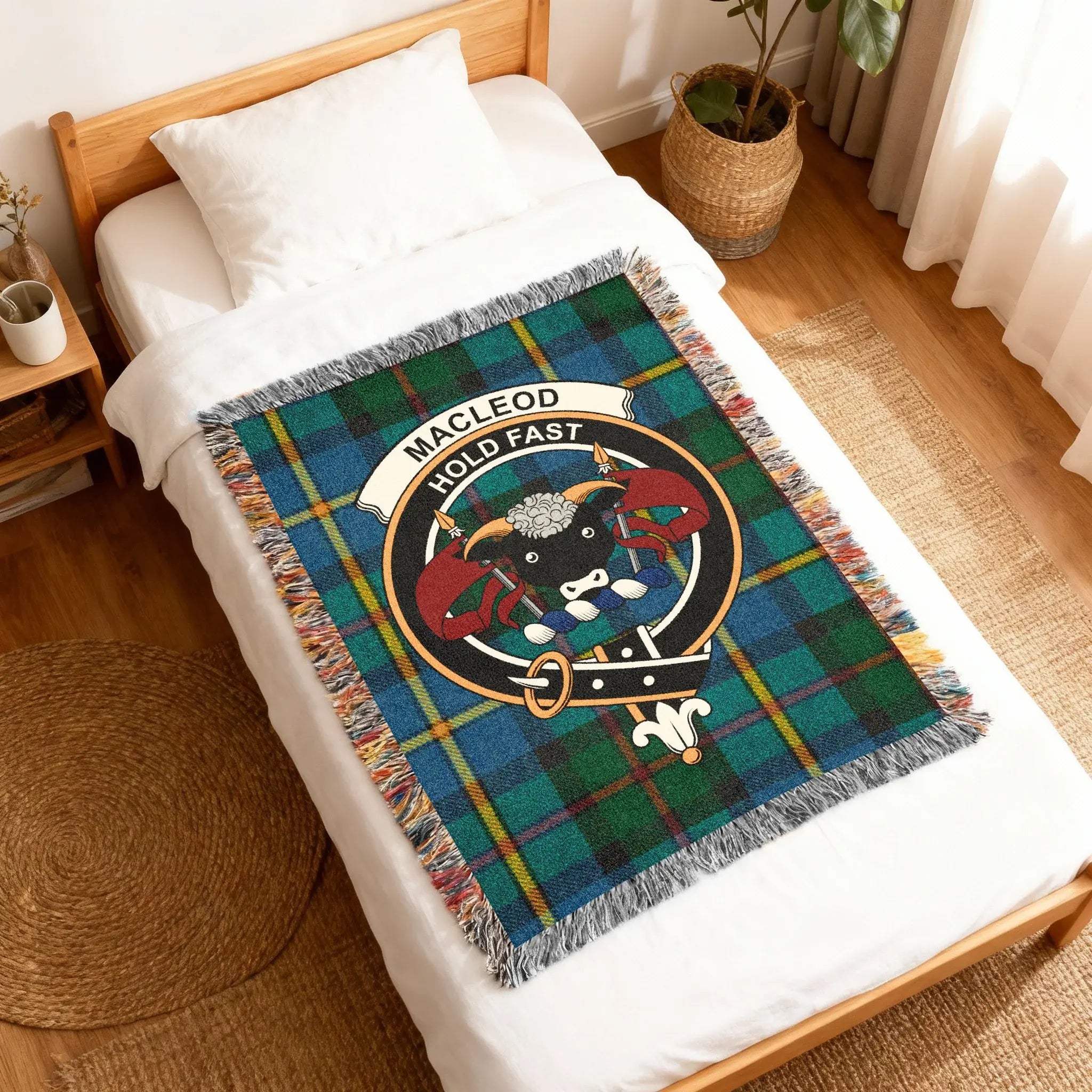 MacLeod Hold Fast clan crest tartan woven blanket — 100% cotton with fringe edges