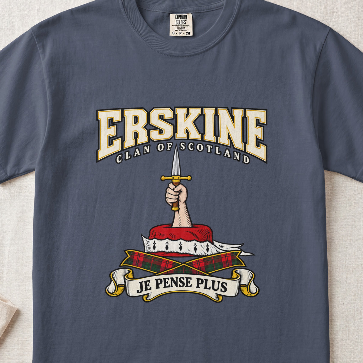 Erskine Scottish clan graphic T-shirt in Midnight, front view