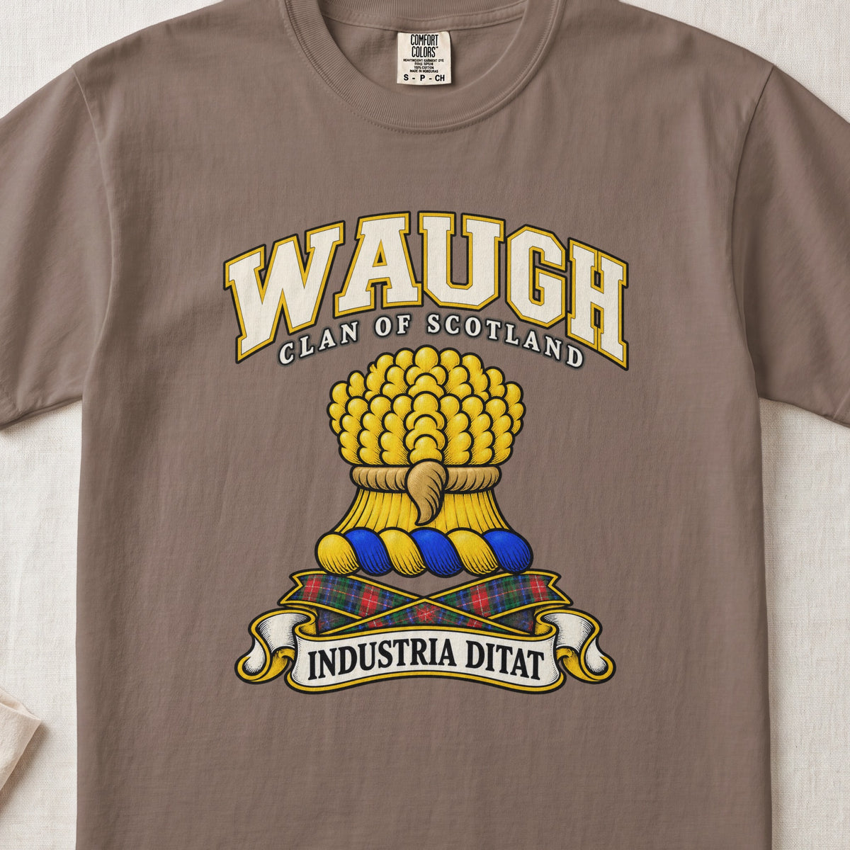 Waugh Scottish clan T-shirt in Espresso, front view with a gold sheaf of wheat and motto banner.