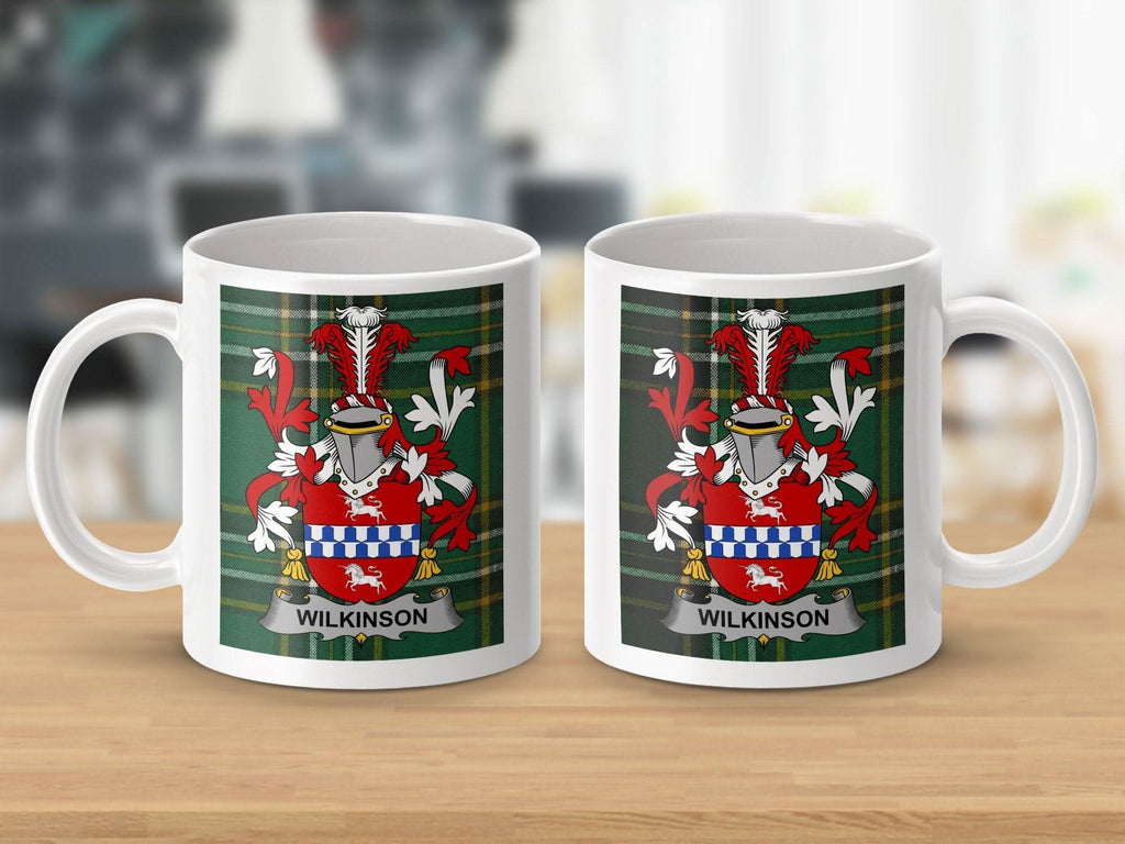 Wilkinson Surname Family Crest Irish Tartan Mug - Celtic Ancestry Gifts