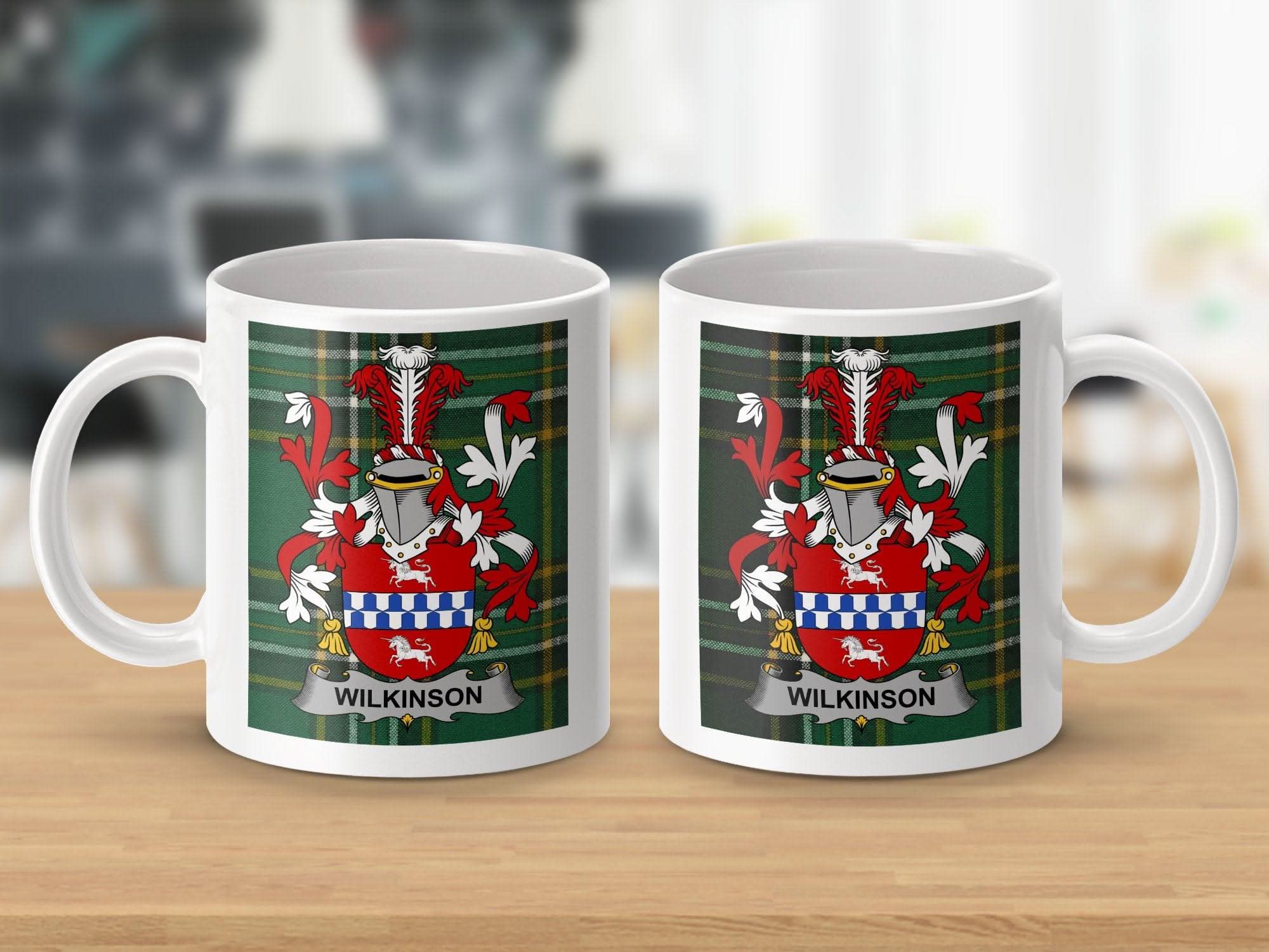 Wilkinson Surname Family Crest Irish Tartan Mug - Celtic Ancestry Gifts