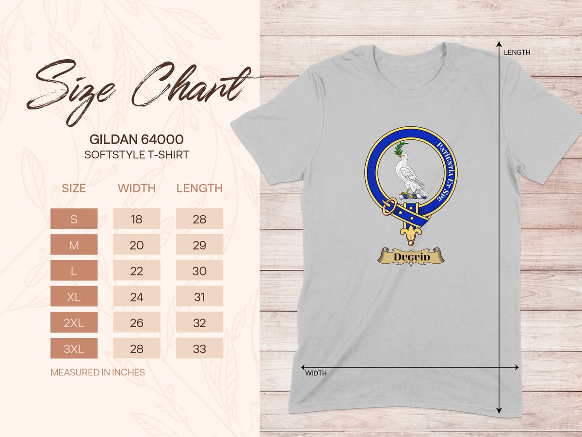 Gildan 64000 size chart for Duguid Scottish clan crest T-shirt