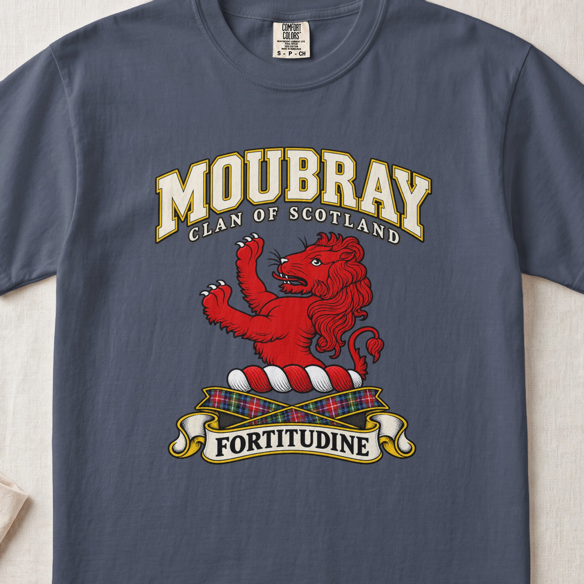 Moubray Scottish clan T-shirt in Midnight, front view with a red lion with raised forelegs and motto design.