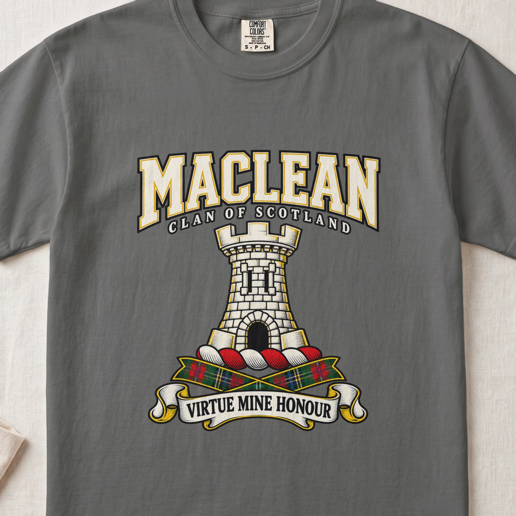 MacLean graphic T-shirt in Pepper gray, front flat lay showing varsity lettering and white stone tower with black arched entrance.