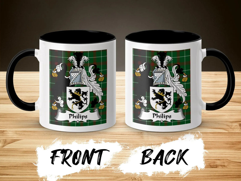 Philips Welsh surname coffee mug front and back with coat of arms on tartan pattern