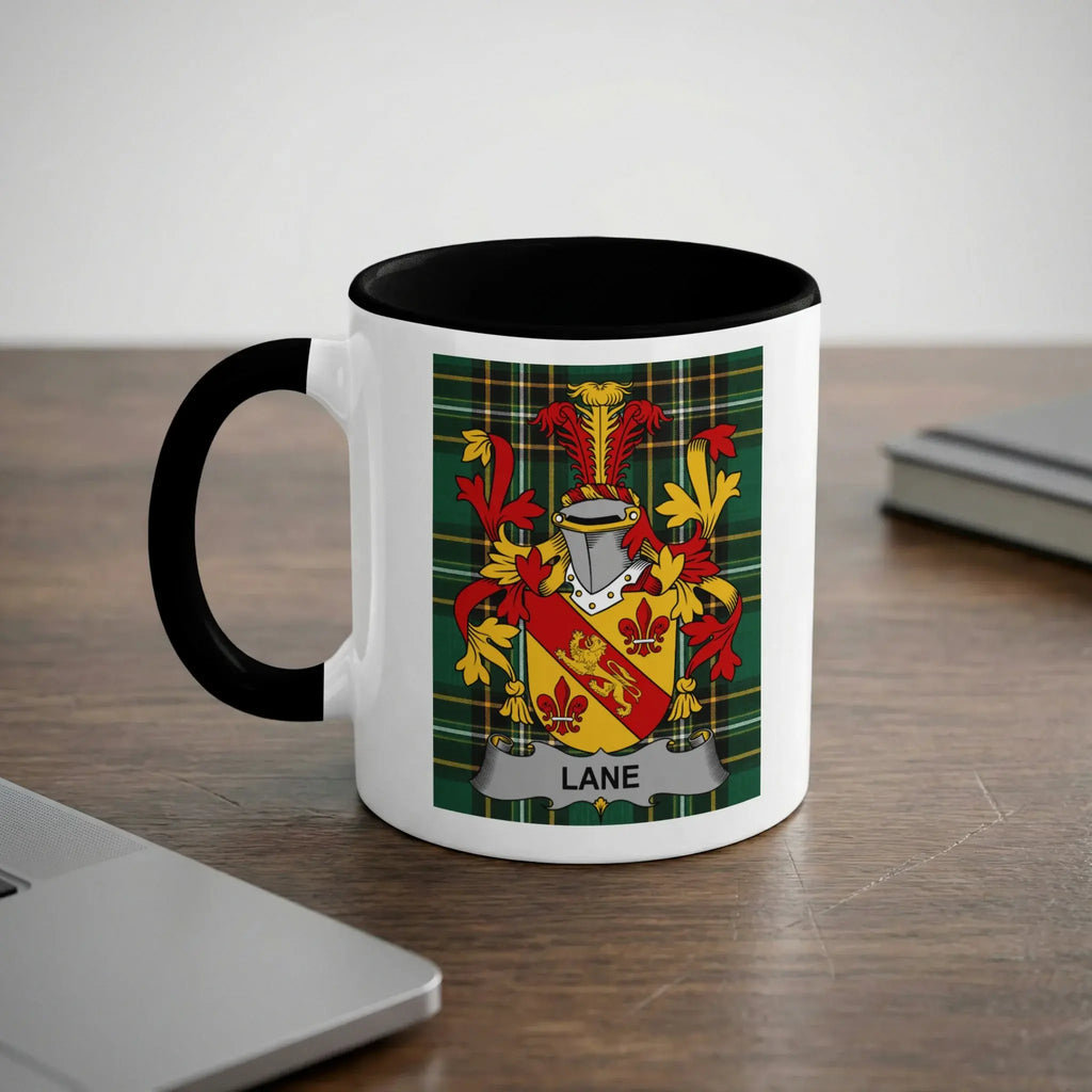 Lane Irish heritage mug with black handle and family crest