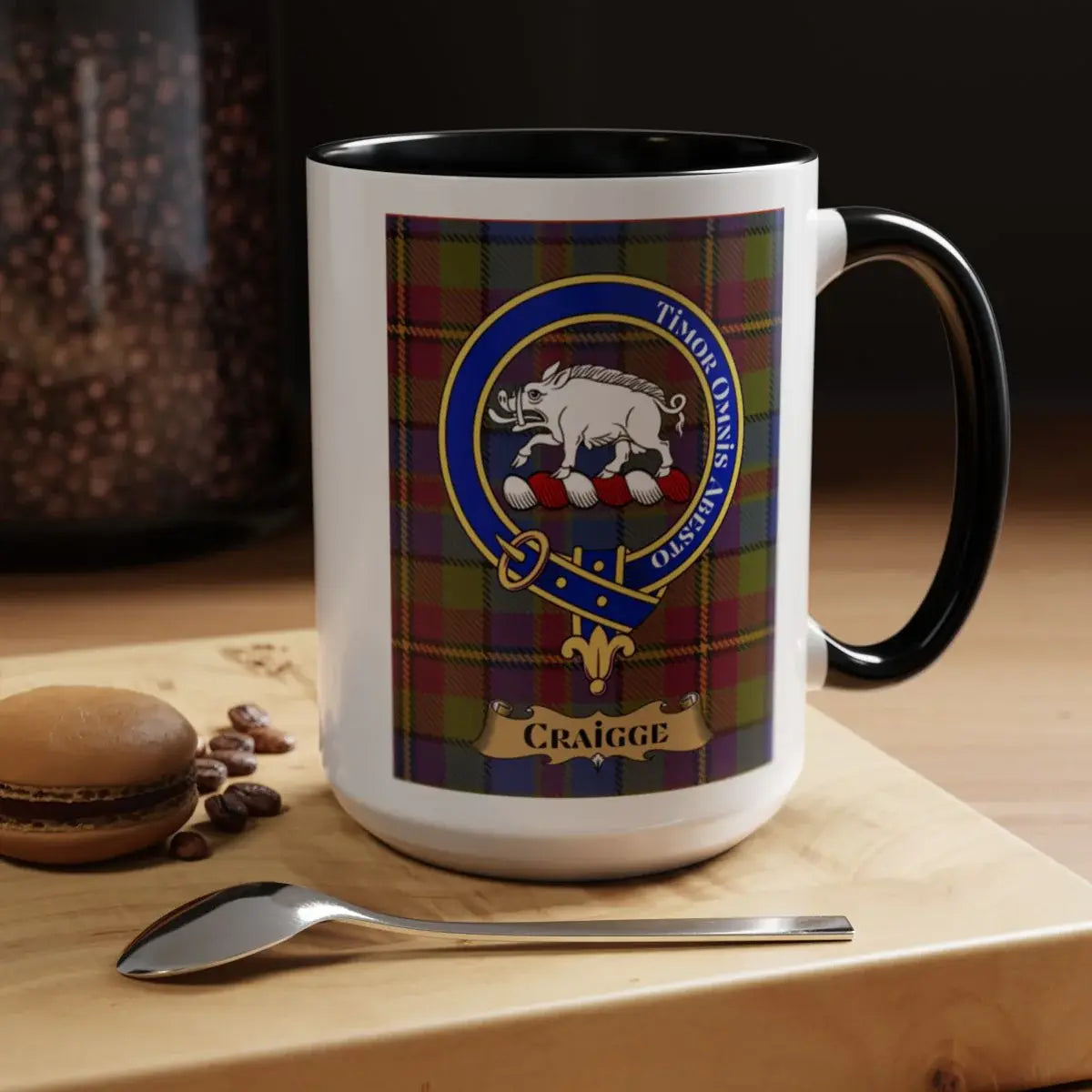 Clan Craigge Tartan Mug with Crest and Moto Design