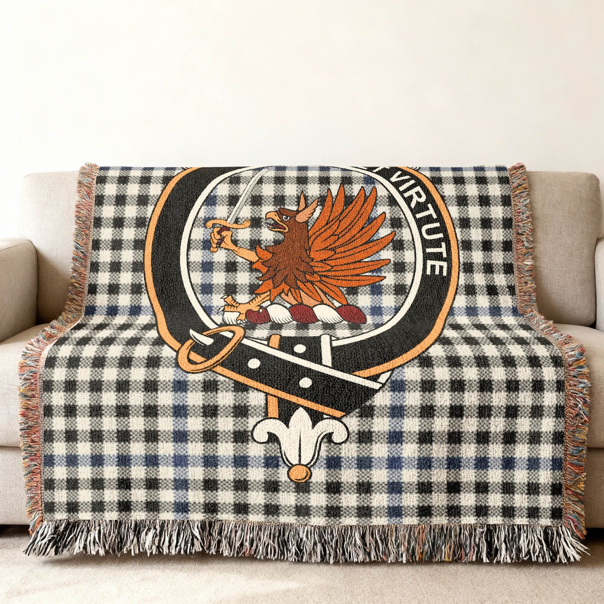 Virtute Eagle Emblem Plaid Pattern Throw Blanket