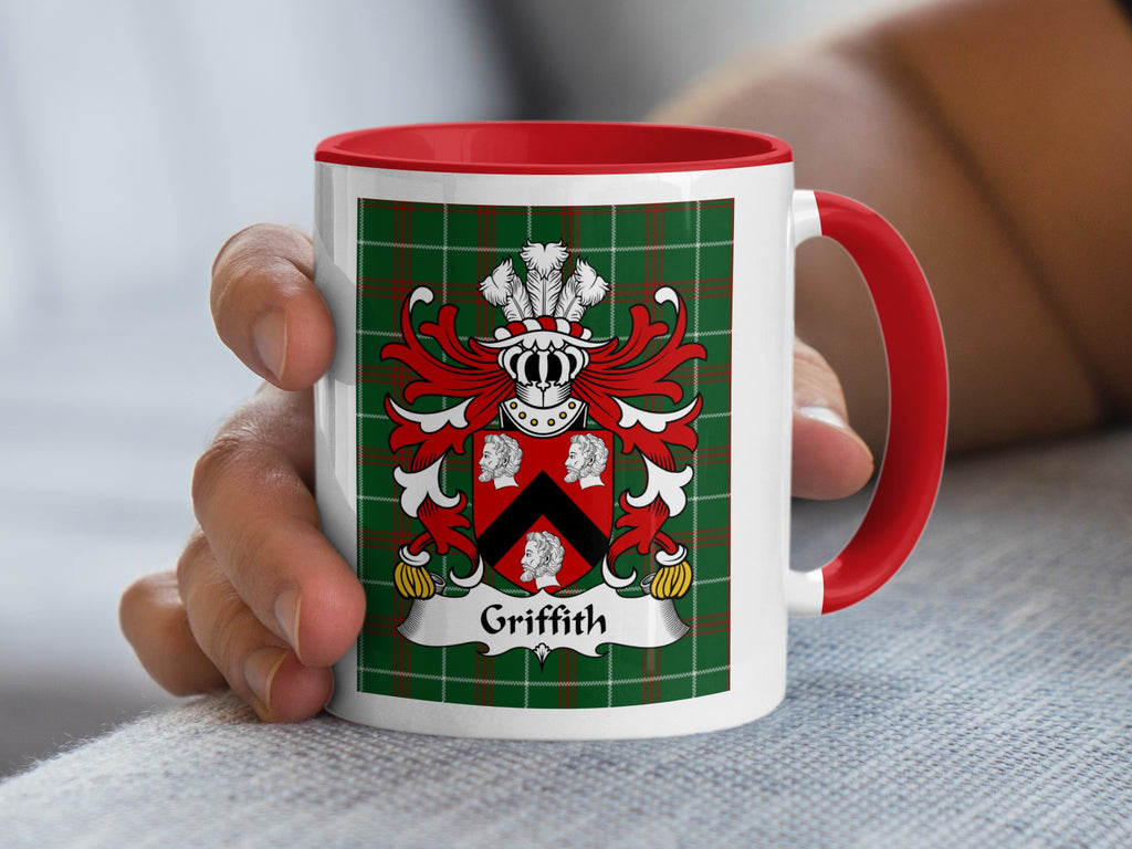Griffith Welsh family crest mug on Welsh National Tartan