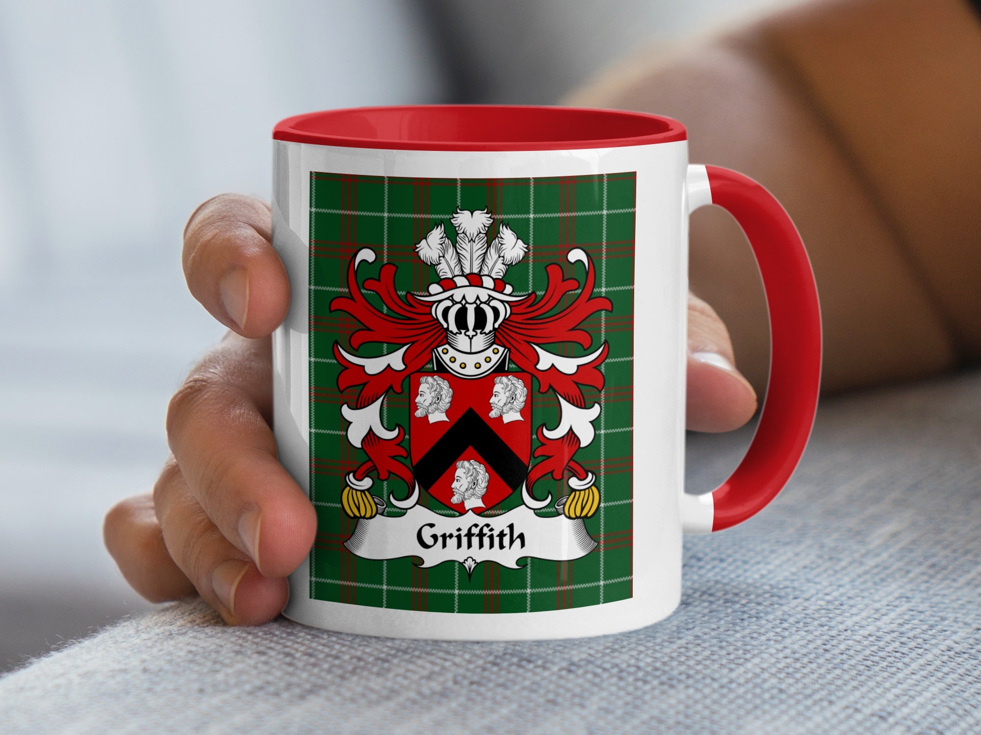 Griffith Welsh family crest mug on Welsh National Tartan