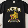 MacTavish Scottish clan T-shirt in Black, front view with a gold boar head and motto design.