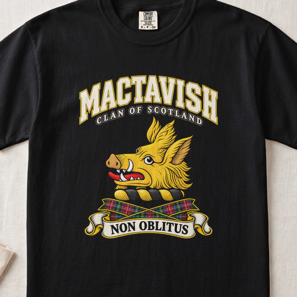 MacTavish Scottish clan T-shirt in Black, front view with a gold boar head and motto design.