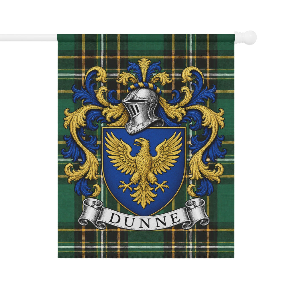 Dunne Irish National Tartan garden flag featuring the Dunne family crest