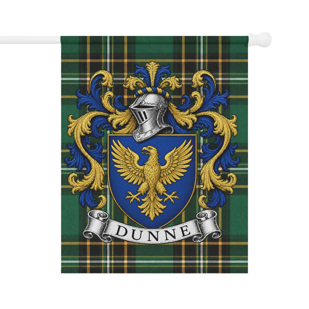 Dunne Irish National Tartan garden flag featuring the Dunne family crest