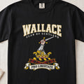 Wallace graphic T-shirt in Black, front flat lay showing varsity lettering and armoured arm holding sword.