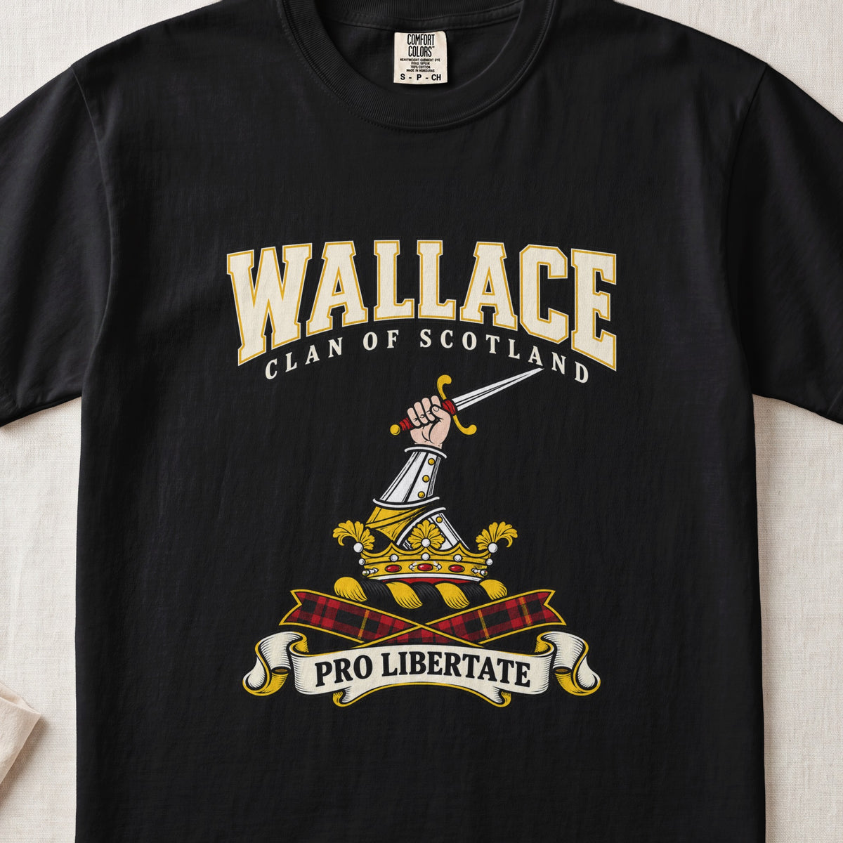 Wallace graphic T-shirt in Black, front flat lay showing varsity lettering and armoured arm holding sword.