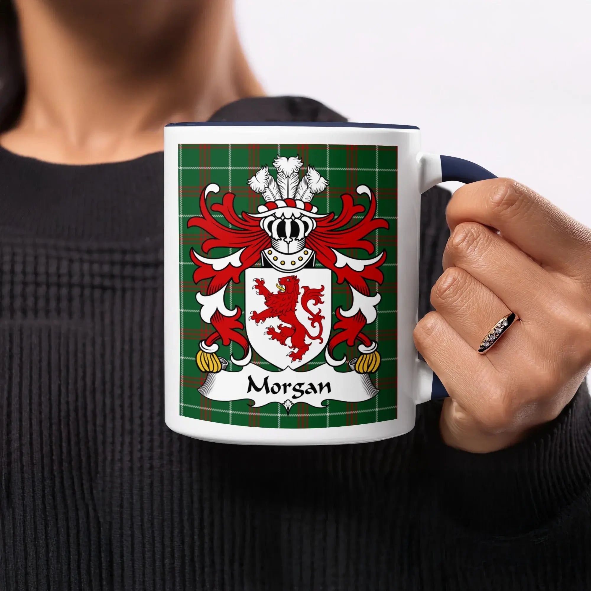 Morgan Welsh ancestry gift mug with green tartan and red lion family crest