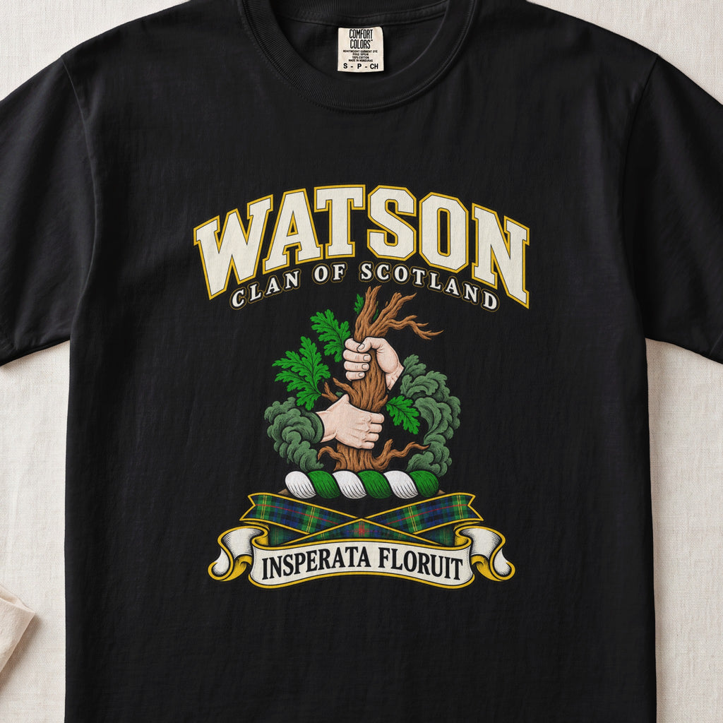 Watson Scottish clan T-shirt in Black, front view with two hands gripping a tree trunk with green foliage and motto banner.