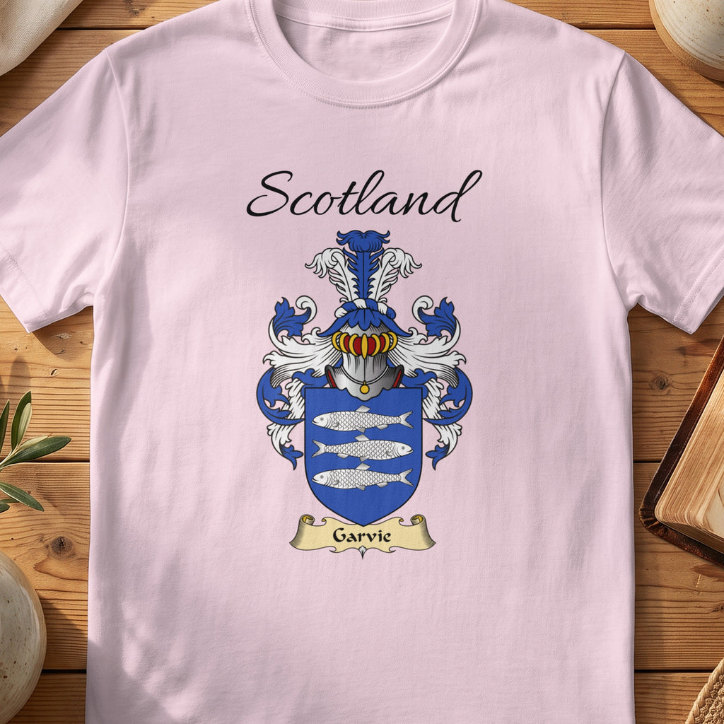 Light Pink Garvie Scottish family shield T-shirt featuring three pale fish on blue