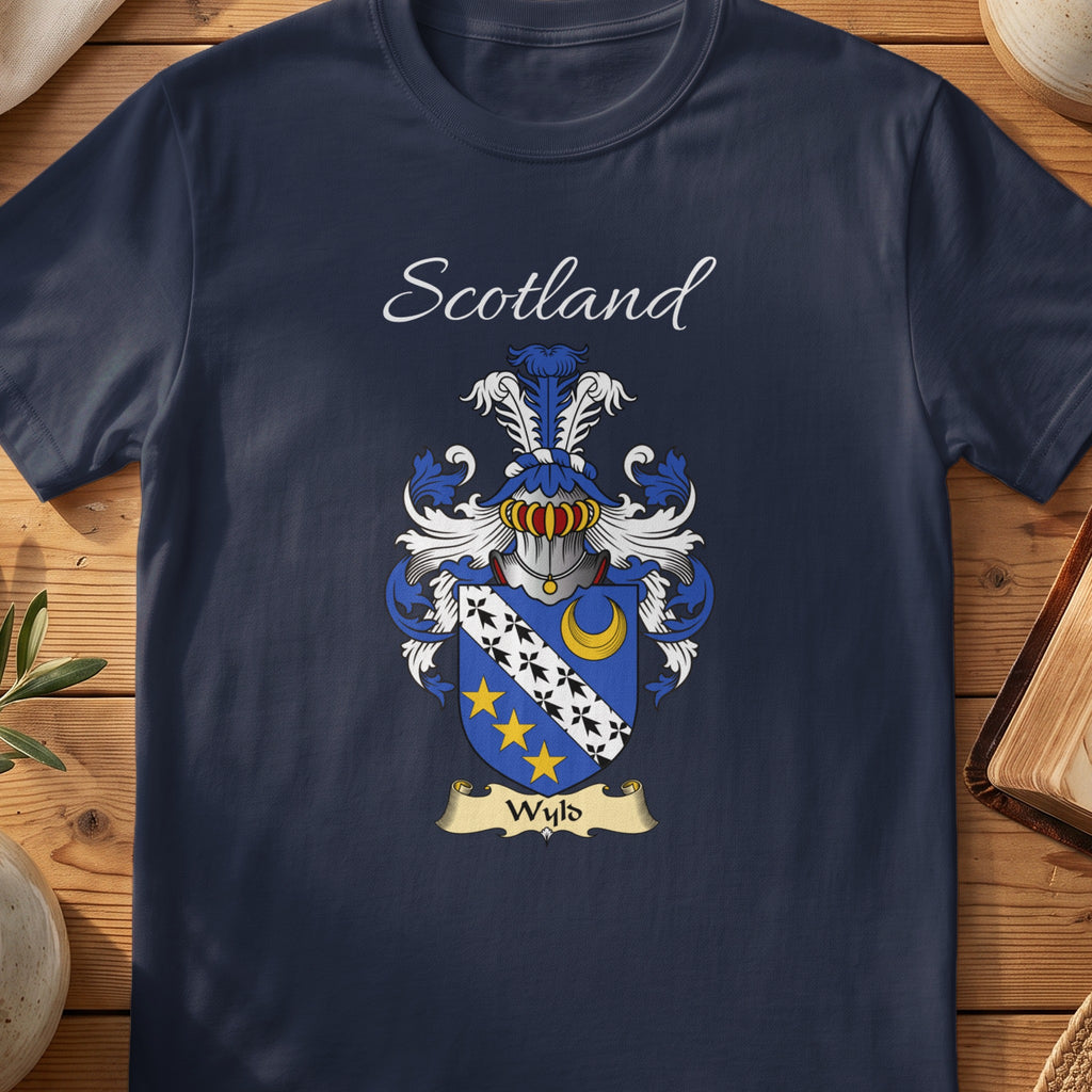 Navy Wyld heritage T-shirt laid flat with “Scotland” and the colourful family shield design.