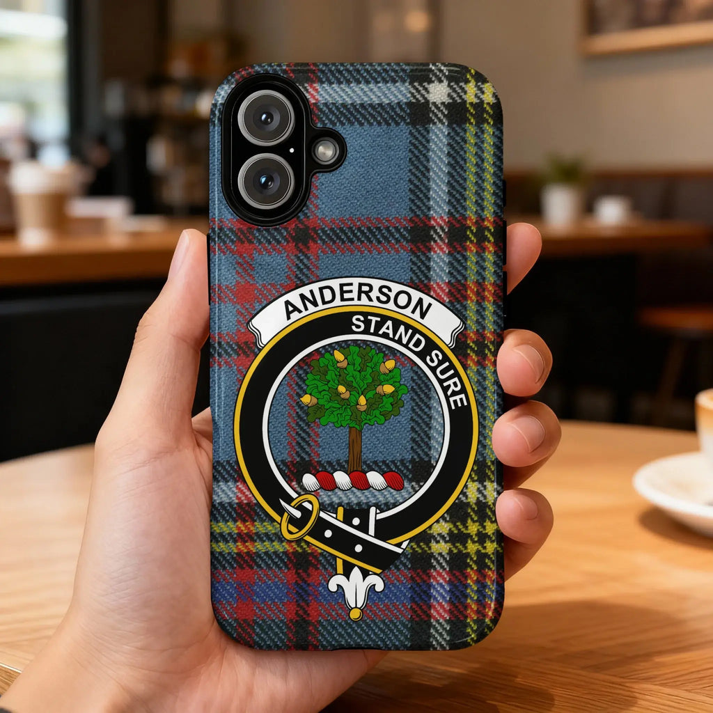 Clan Anderson tough phone case with crest and Stand Sure motto on a tartan background