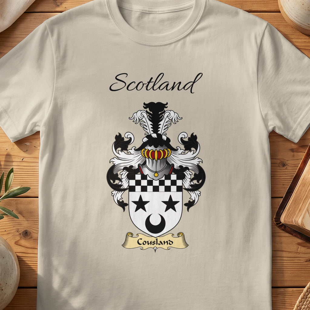Sand Cousland Scottish family shield T-shirt featuring black stars and crescent below a checked top band