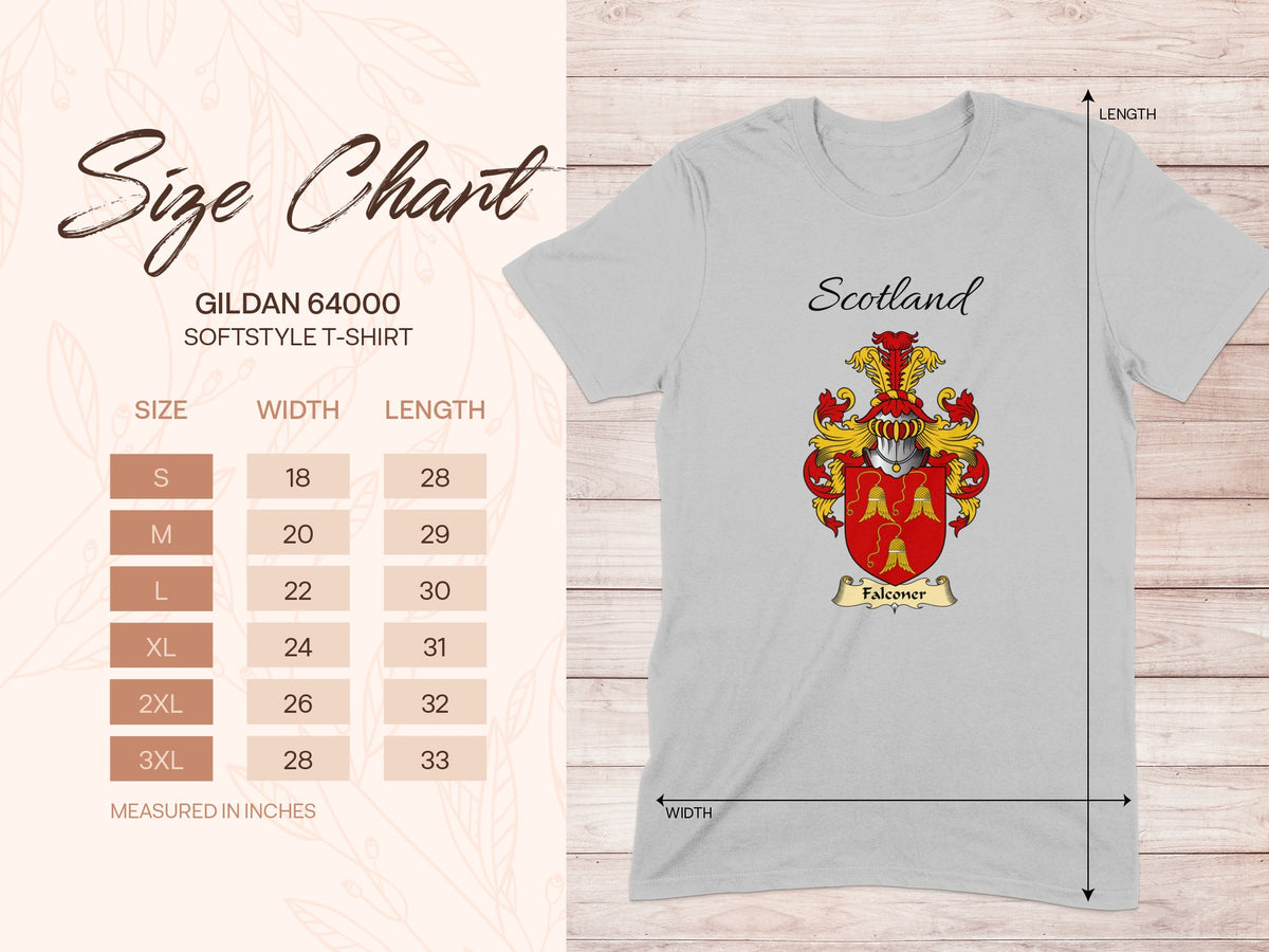Gildan 64000 size chart for the Falconer unisex T-shirt, sizes S to 3XL