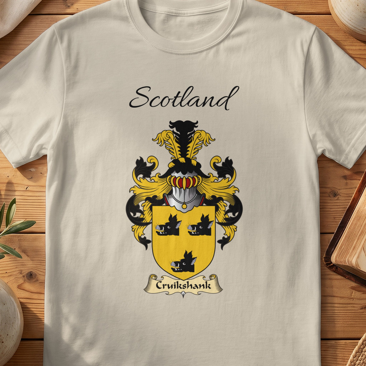 Sand Cruikshank Scottish family shield T-shirt featuring three black boar heads on gold