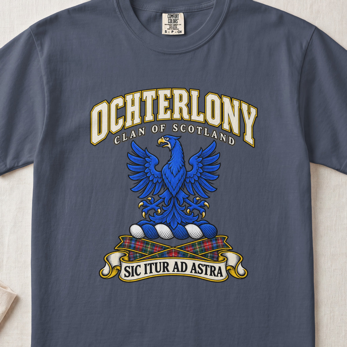 Ochterlony Scottish clan T-shirt in Midnight, front view with a blue eagle with spread wings and motto banner.