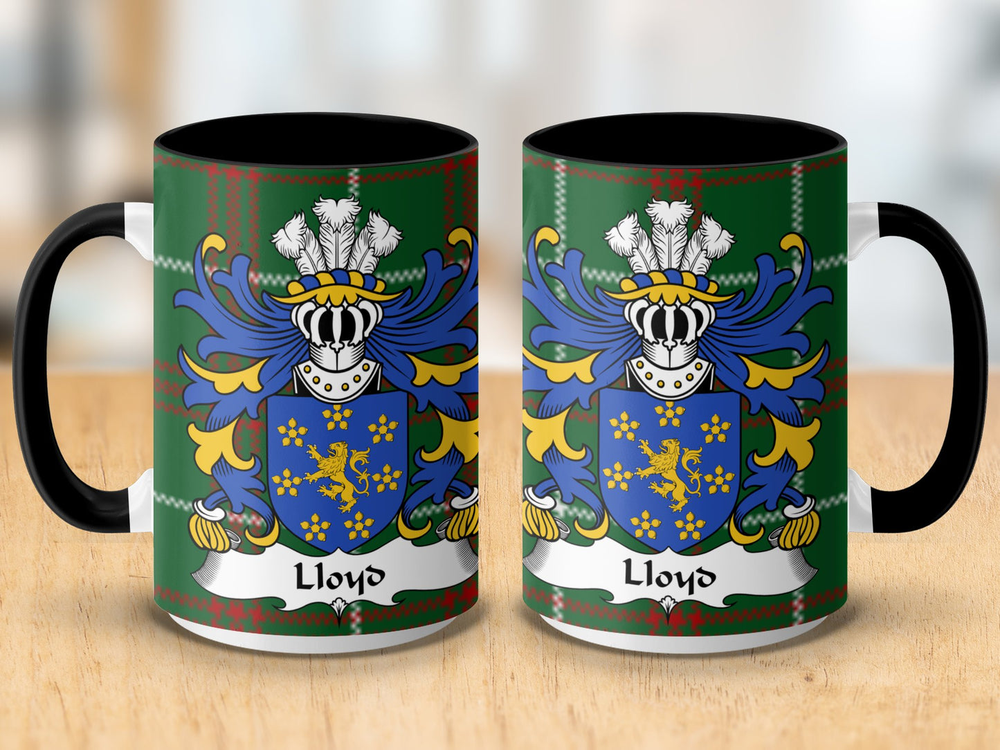 Lloyd Family Coat of Arms on Welsh Tartan Background Mug - Living Stone Gifts