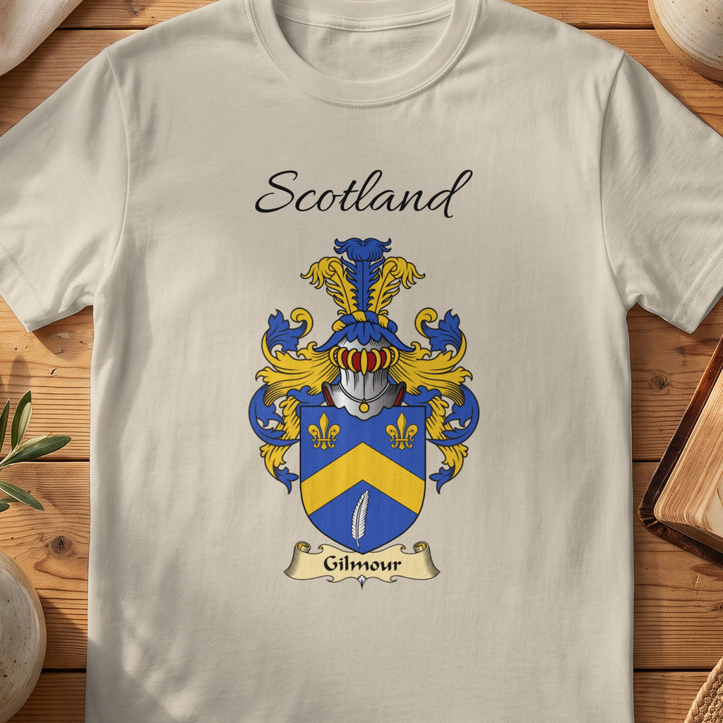 Sand Gilmour Scottish family shield T-shirt featuring a gold chevron and fleurs-de-lis on blue