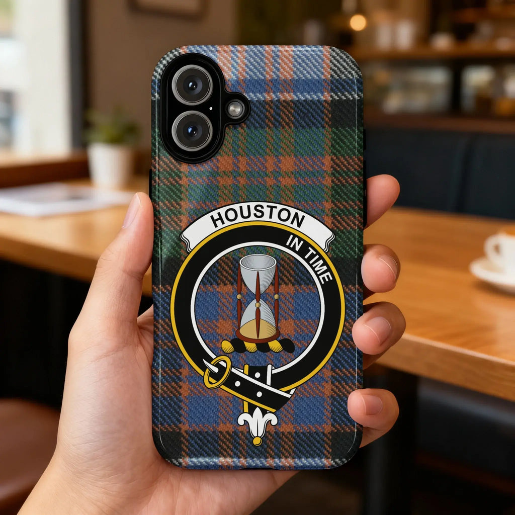 Clan Houston tartan crest phone case — full 3D wrap print with In Time motto, glossy finish
