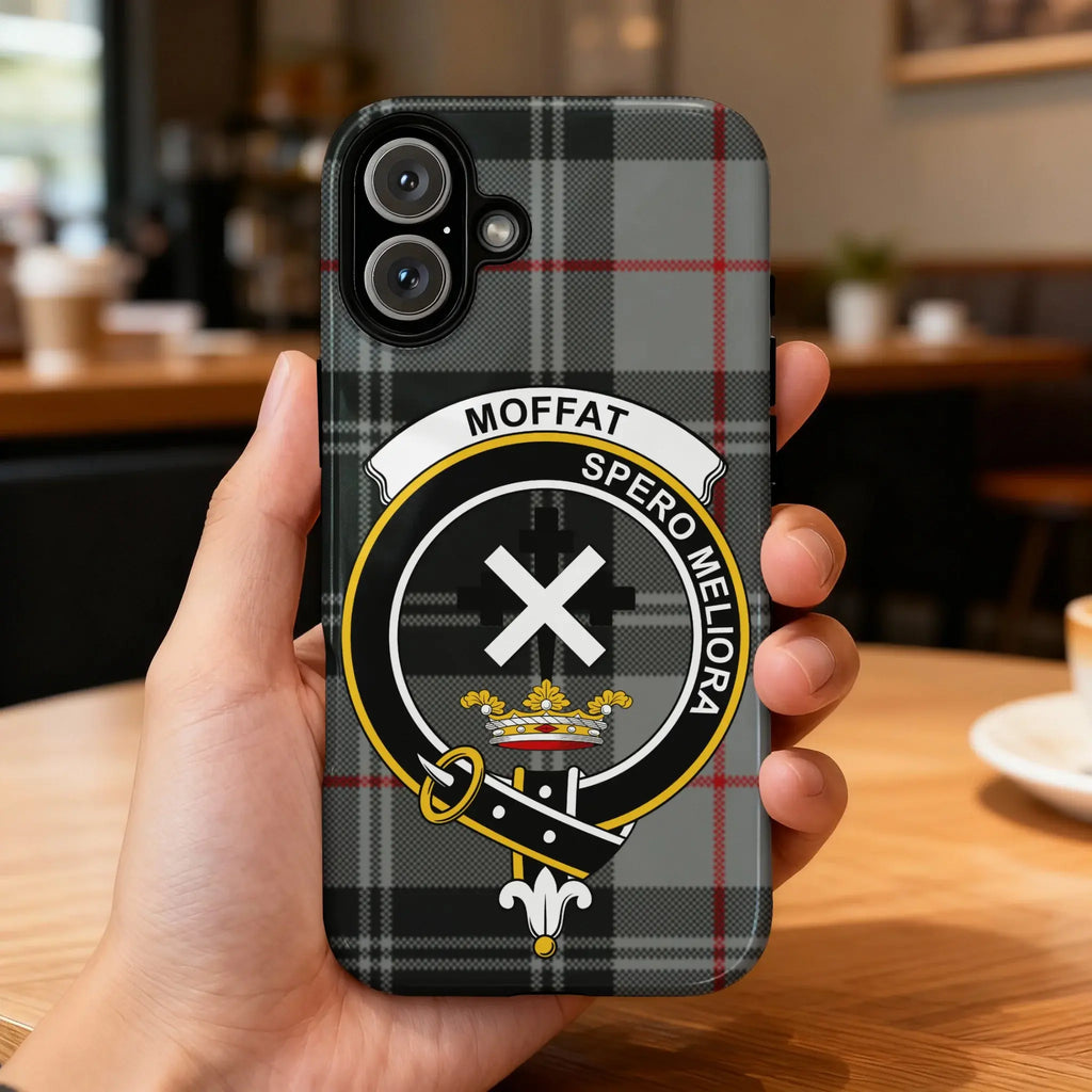 Moffat tartan phone case on Samsung Galaxy — full-colour crest wrap, impact-resistant glossy build