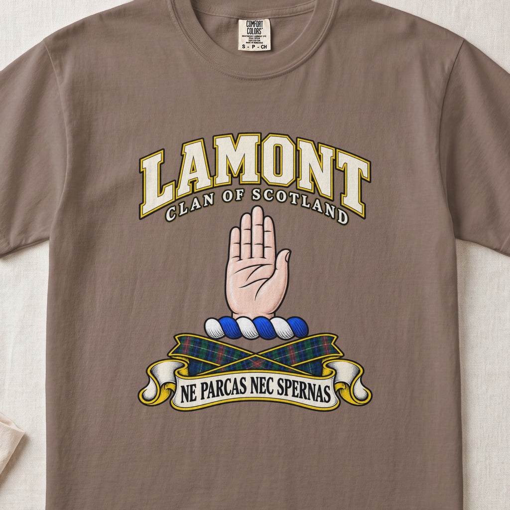 Lamont Scottish clan T-shirt in Espresso, front view with a raised open hand and motto banner.
