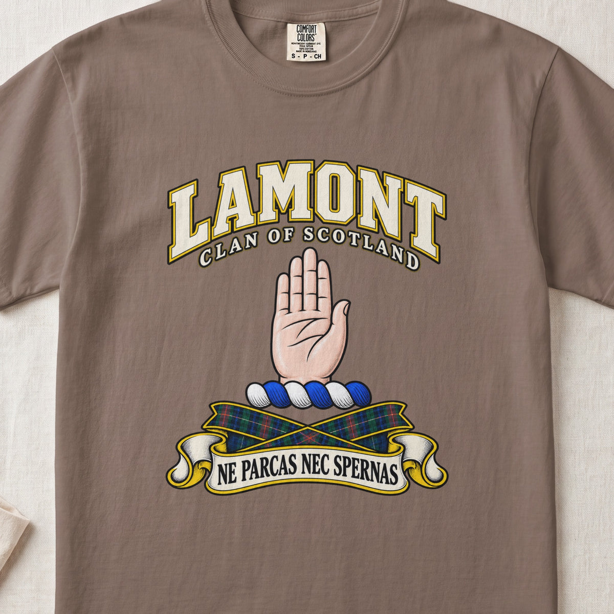 Lamont Scottish clan T-shirt in Espresso, front view with a raised open hand and motto banner.
